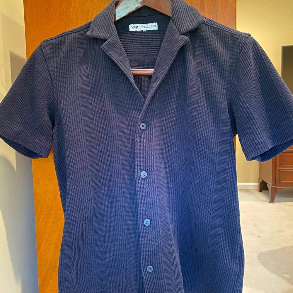 Zara Textured Weave Shirt, Navy Blue - Small